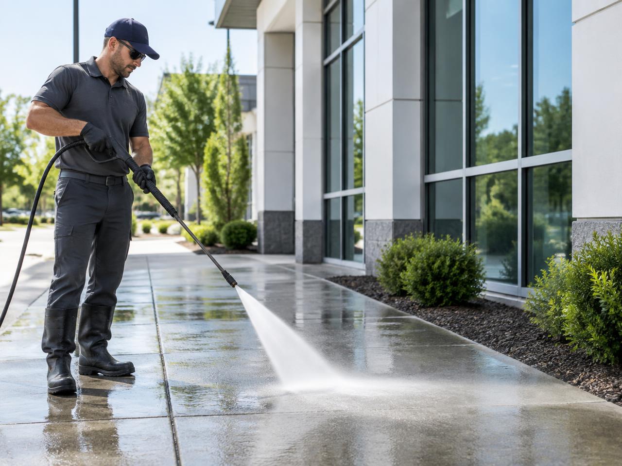 Commercial building exterior being pressure washed in Atlanta